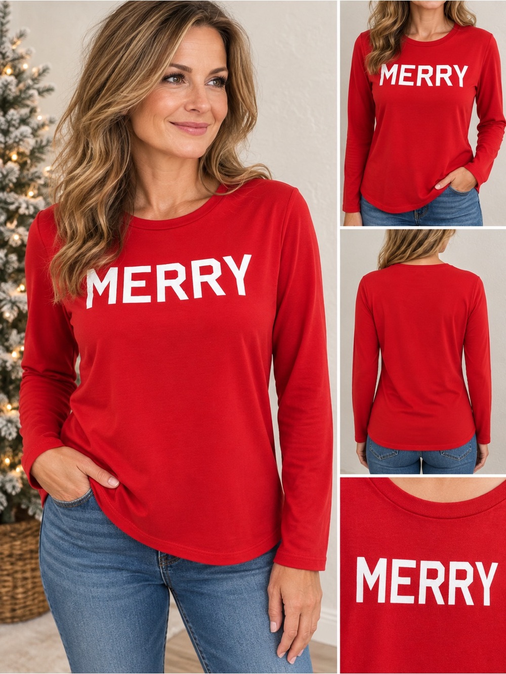 J.Crew Factory Merry Christmas Long Sleeve Tee Red Size Large 100% Cotton